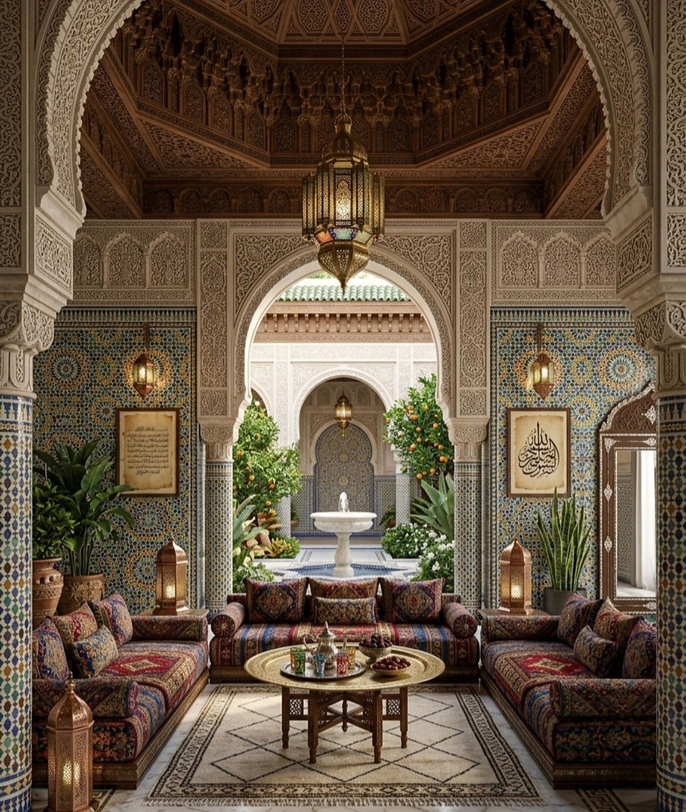 Interior de riad marroquí de lujo con zellige policromado, arcos tallados, lámparas de latón y patio central con fuente