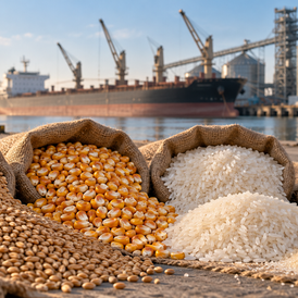 Wheat, maize, rice and sugar at a grain port illustrating September 2026 global food price increases