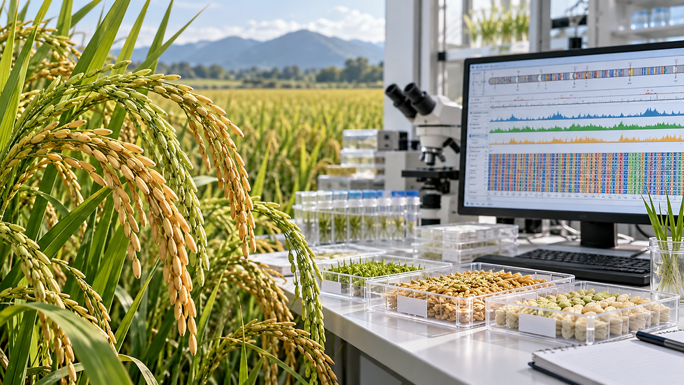 Original contextual illustration of rice panicles beside a generic genomics workstation used to explain digital rice-breeding research.