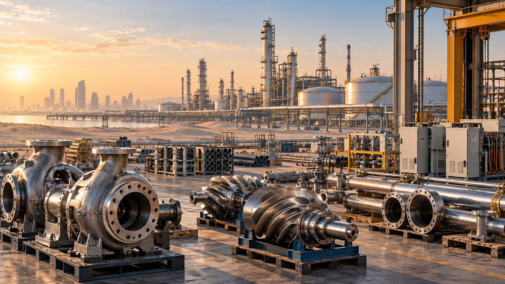 Conceptual editorial illustration of industrial pumps, compressor components and piping in a UAE setting