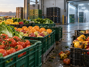 Fresh and damaged produce in crates beside cold storage, illustrating food loss before retail