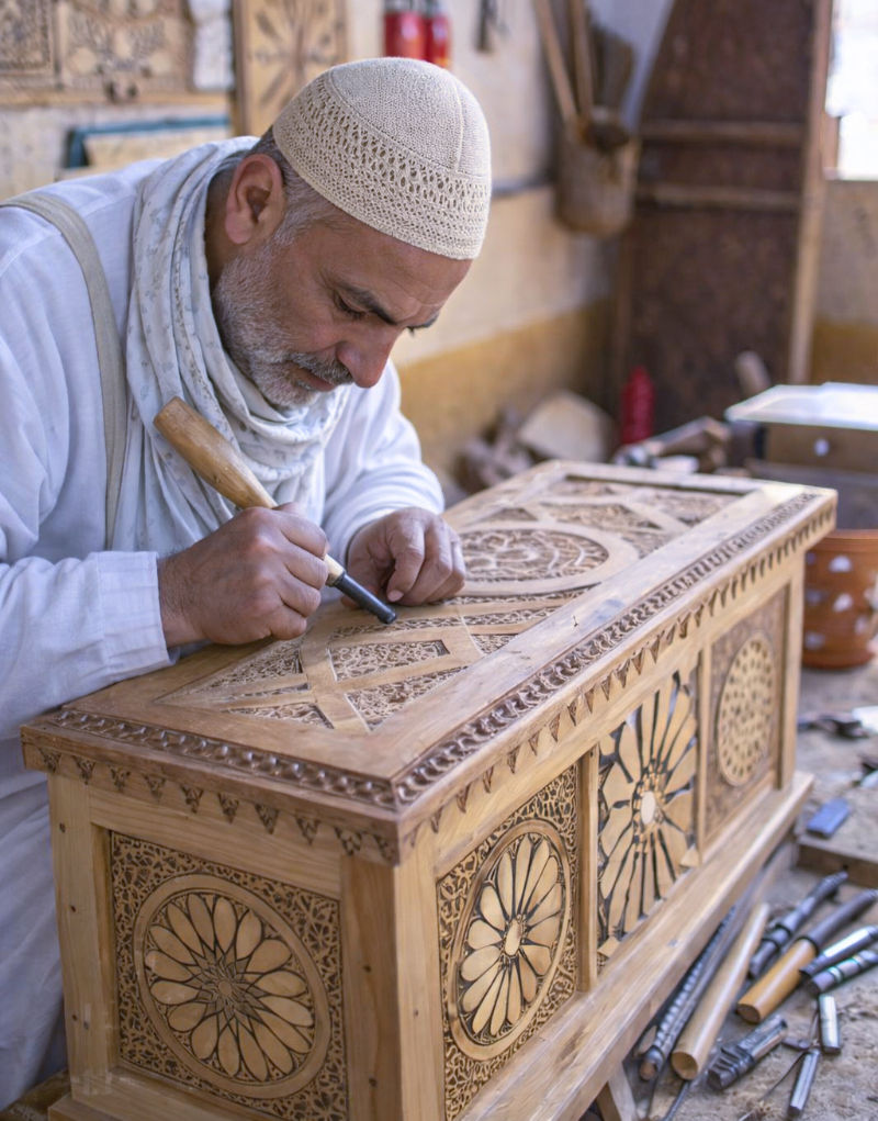 Maalem marroquí tallando a mano un cofre de cedro con motivos geométricos y florales andalusíes en taller tradicional