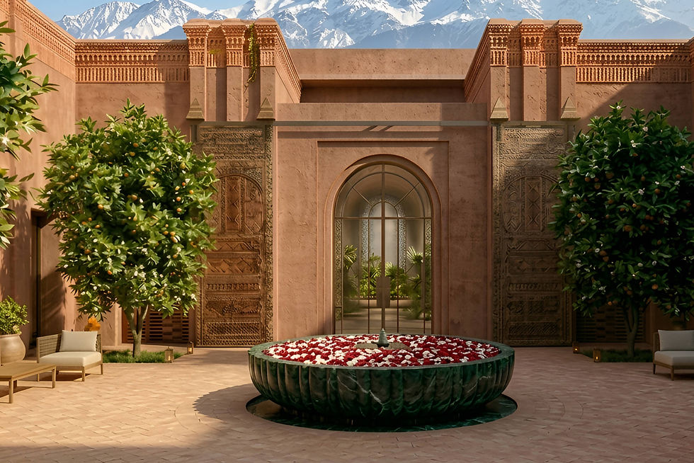 Official rendering of the planned Virgin Limited Edition estate near Marrakech with a pool and landscaped grounds