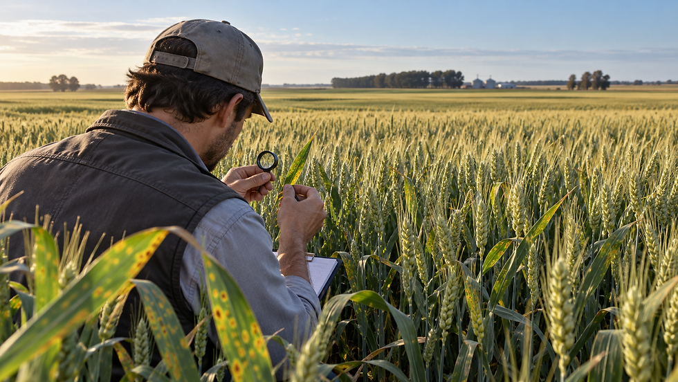 Contextual editorial illustration of an agronomist inspecting yellow-spotted wheat leaves in a generic field; not an actual surveyed Santa Fe plot.