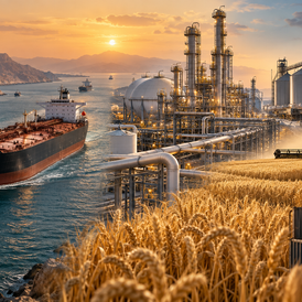 Conceptual editorial illustration connecting energy shipping, gas and fuel production, fertilizer, wheat harvesting, and the international food supply chain.