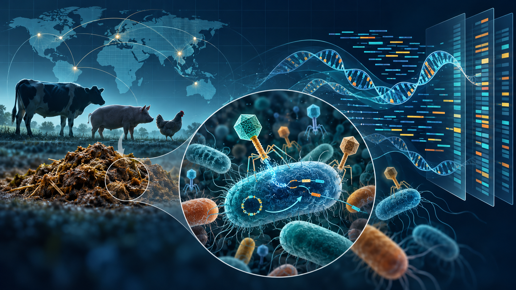Conceptual illustration of livestock manure metagenomics, bacteriophages and antimicrobial-resistant bacteria