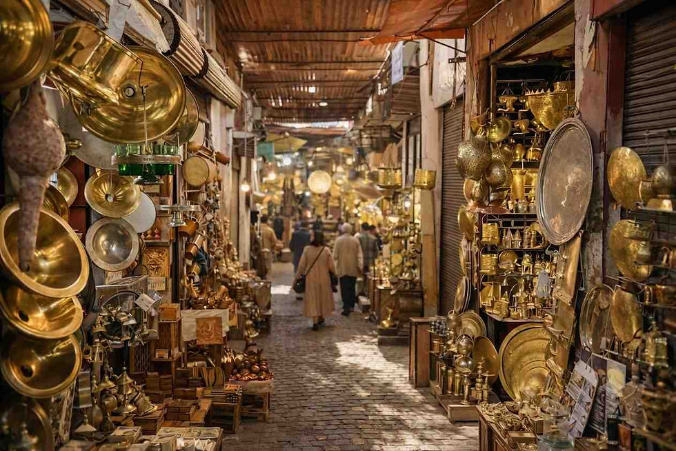 Daylight photograph of a traditional Moroccan souk alley lined with brass and copper shops