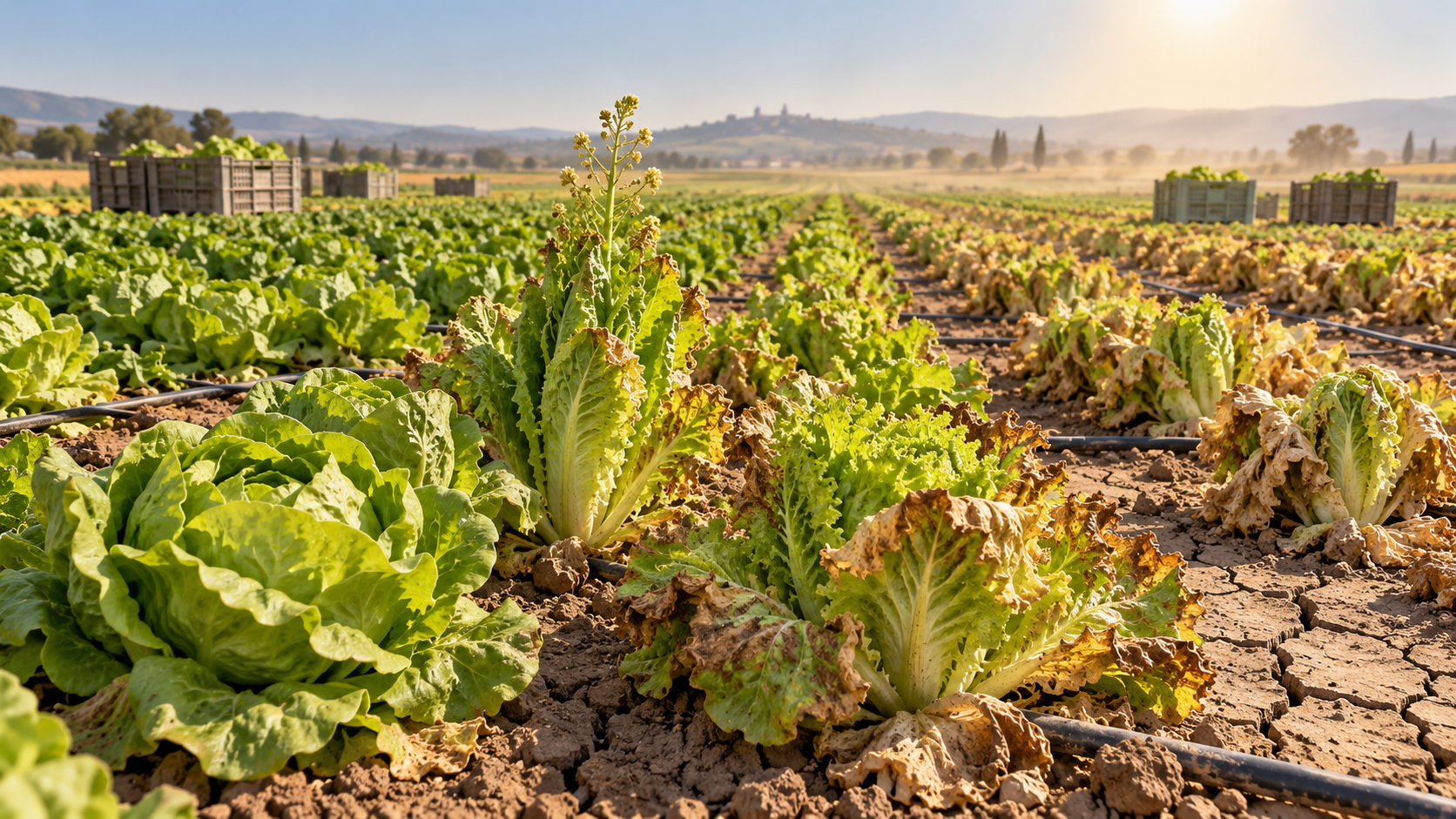 Conceptual illustration of French lettuce fields showing healthy and heat-damaged plants under irrigation