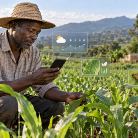 Smallholder farmer using an AI advisory service on a smartphone while inspecting crops