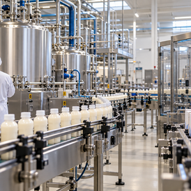 Contextual editorial visualization of a modern medical-nutrition production line with stainless process equipment and unbranded liquid nutrition packaging