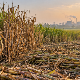 Original editorial image of weather-stressed sugarcane beside a distant sugar mill