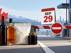 Editorial illustration of Canadian beer, wine, spirits, whey powder and molasses stopped at a U.S. customs barrier dated September 29