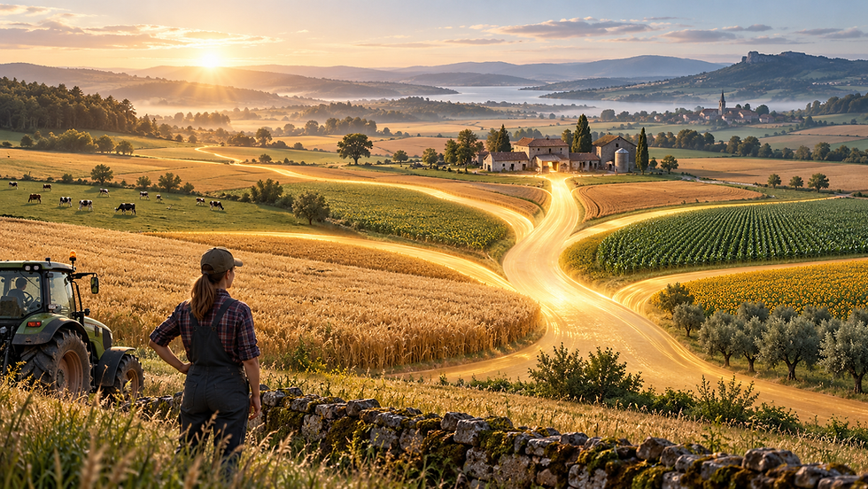 Conceptual European farm landscape with several golden paths converging toward fields, symbolising merged farm-support funds