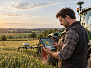 French arable farmer reviewing field data on a tablet beside a sensor-equipped tractor; original editorial visual