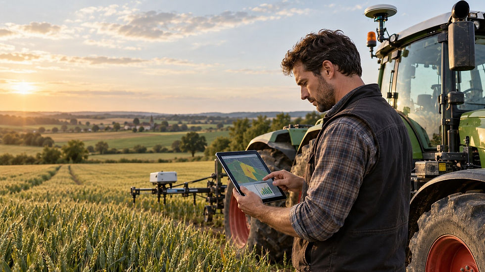 French arable farmer reviewing field data on a tablet beside a sensor-equipped tractor; original editorial visual