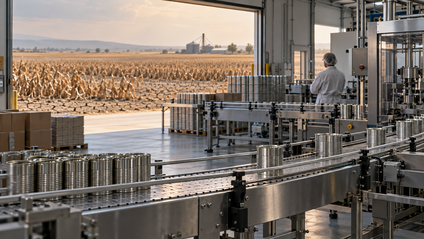 Unbranded food-can production line beside a drought-stressed field in an original editorial illustration
