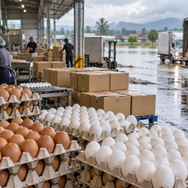 Editorial illustration of eggs moving through a Southeast Asian packing center during flood recovery