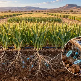 Editorial illustration of wheat under deficit irrigation with beneficial bacteria around the roots