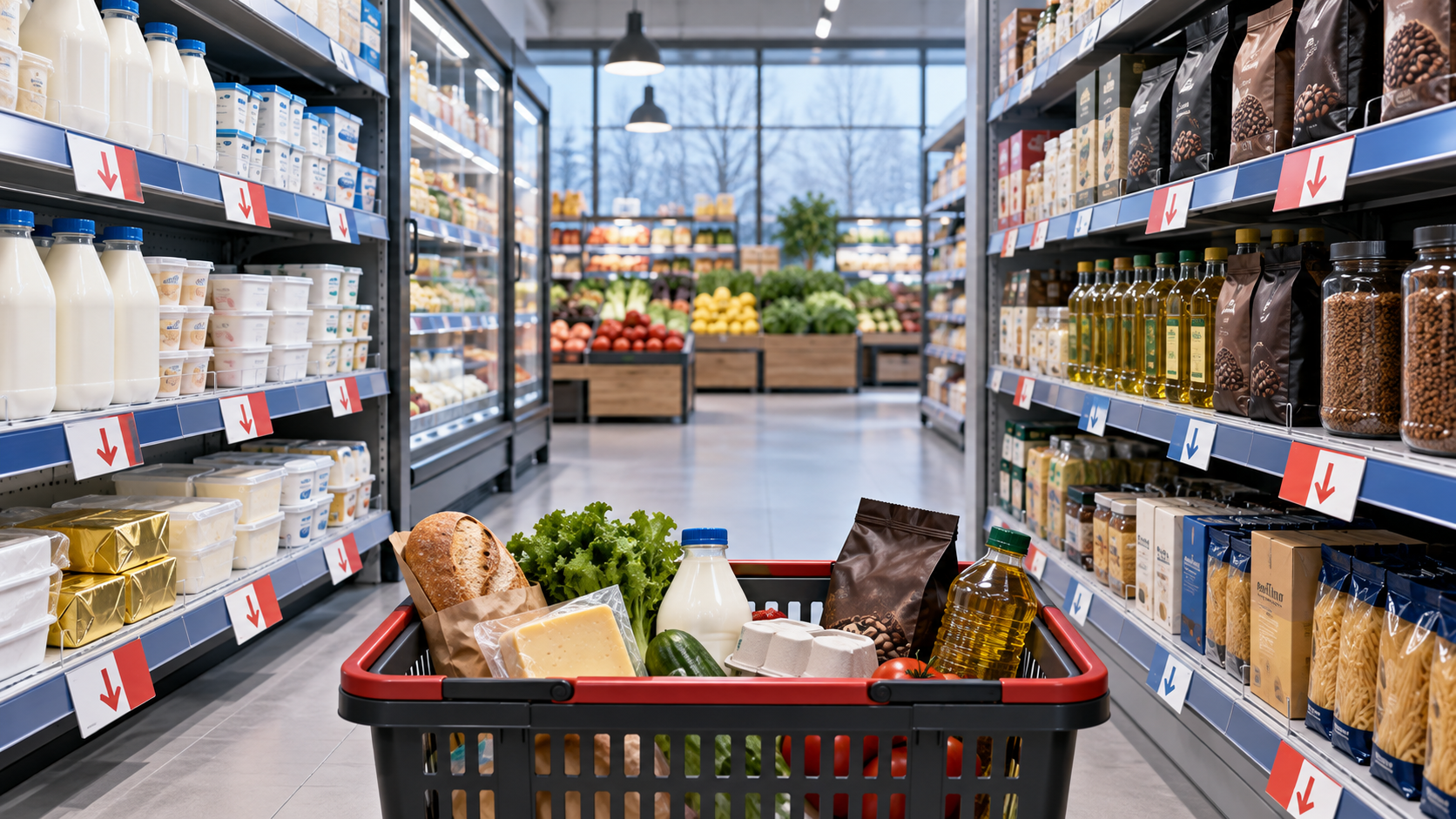 Conceptual Swedish supermarket aisle with grocery basket and downward price arrows