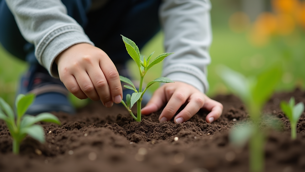Close-up view of a child planting seeds in a small garden