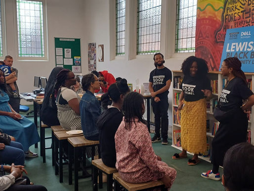 People attending an event in a public library.