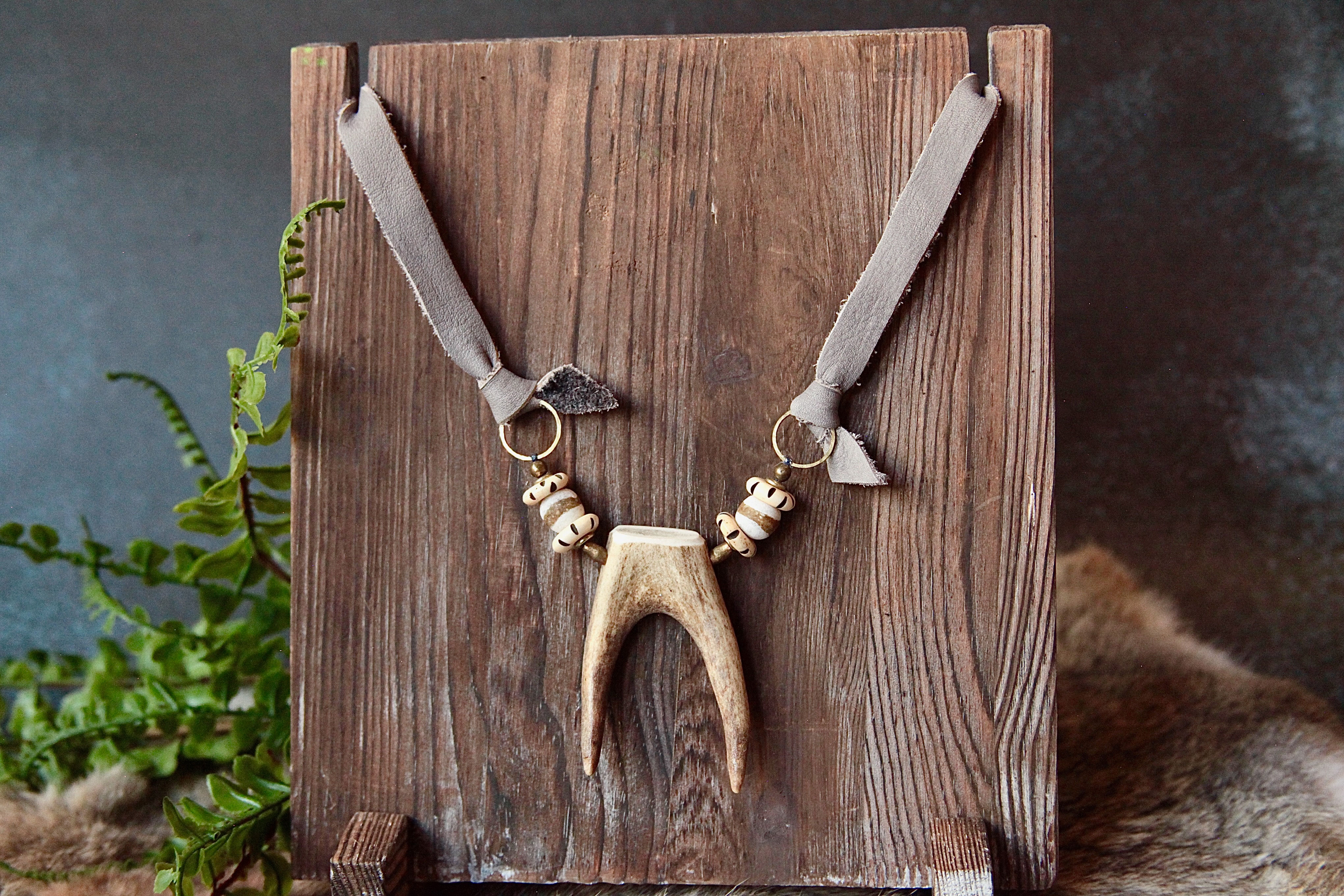 Med Deer Antler Fork +Grey Beaded Leather Necklace