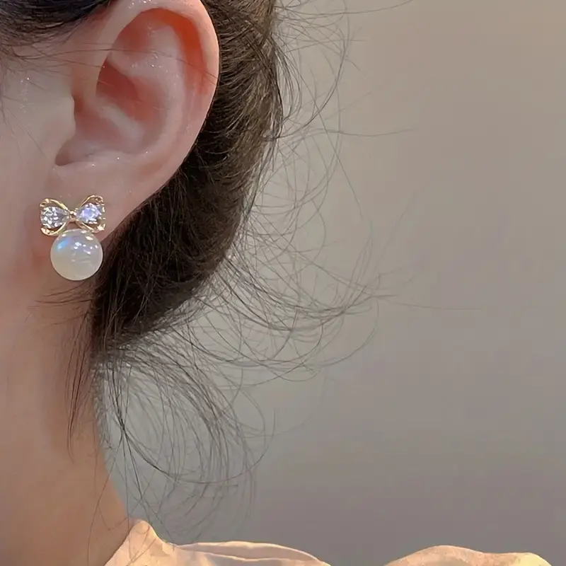 Thumbnail: Sweet French Style Bowknot With Faux Pearl Stud Earrings