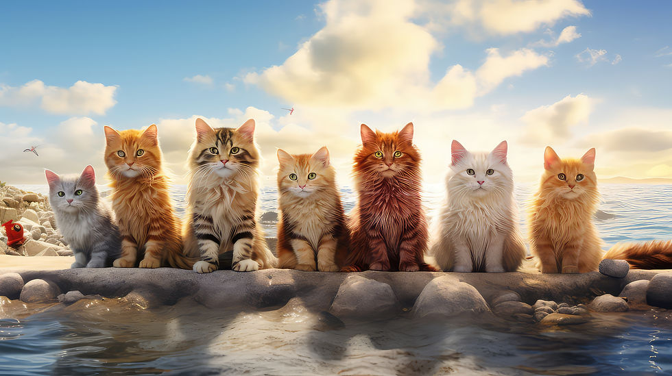 Seven cats sitting on a rocky shore with a calm sea and blue sky. Various fur colors create a peaceful, serene scene.
