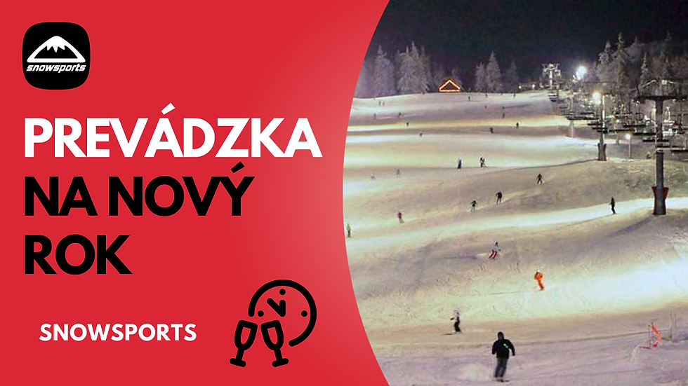 Večerné lyžovanie na Krahuliach počas Nového roka, osvetlený svah s lyžiarmi a grafika SNOWSPORTS s textom „Prevádzka na Nový rok“