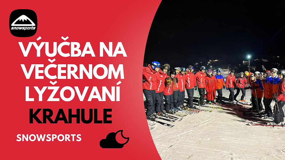 Inštruktori a klienti lyžiarskej školy SNOWSPORTS počas večernej výučby lyžovania na Krahuliach, osvetlený svah a skupinová lekcia na snehu