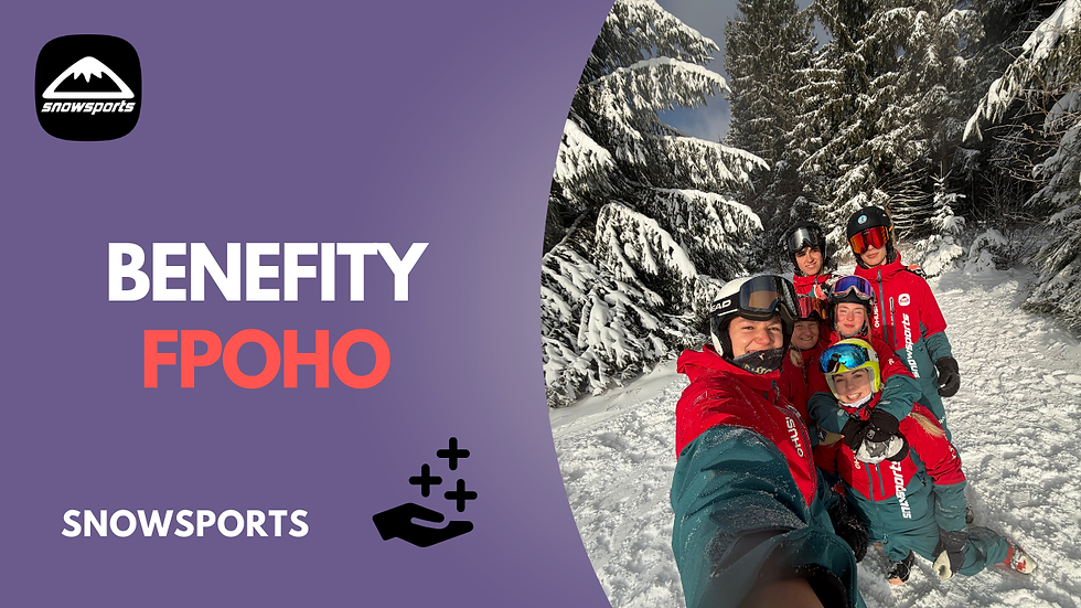 Tím inštruktorov lyžiarskej školy SNOWSPORTS na svahu v zimnom prostredí, informácia o akceptovaní benefitných poukážok fpoho
