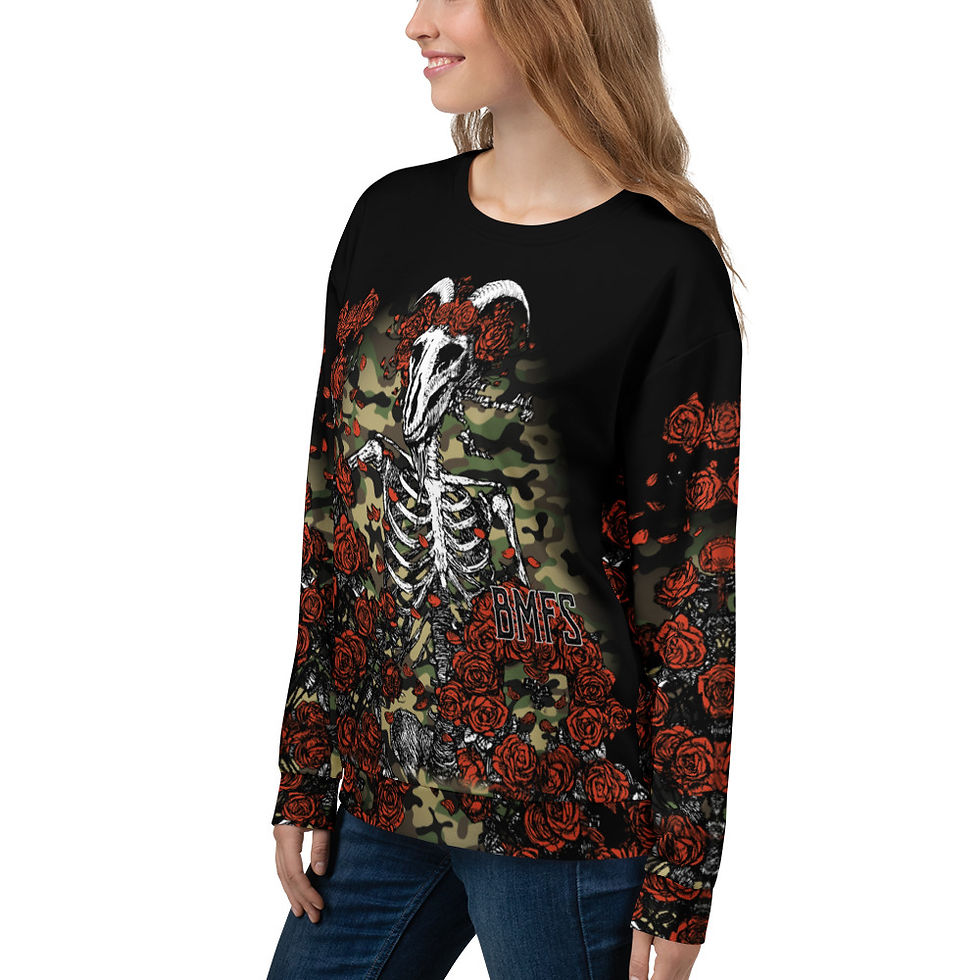 Thumbnail: Billy Strings Bertha - Skull and Roses BMFS Billy Strings Goat Camo Sweatshirt