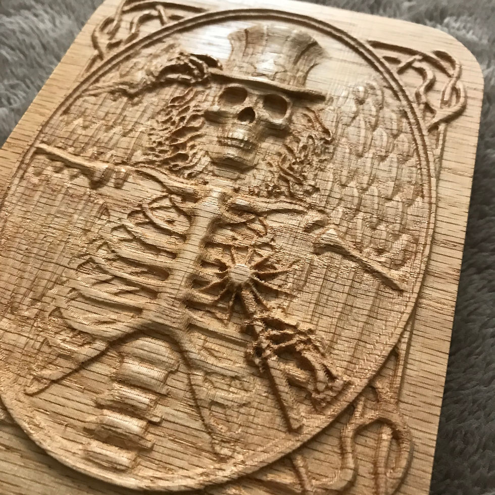 Thumbnail: Grateful Dead style Skeleton Sam Relief carved oak box - B.Woodruff