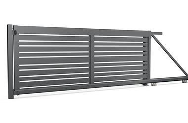 Freitragendes Aluminium-Schiebetor FUTURA in Anthrazit mit horizontalen Lamellen