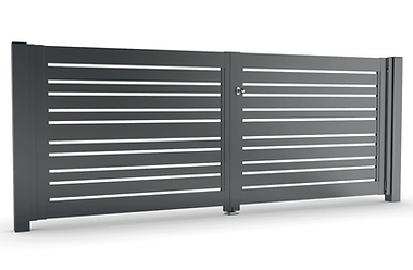 Zweiflügeliges Aluminium-Flügeltor FUTURA in Anthrazit mit horizontalen Lamellen in wechselnden Breiten