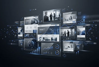 Marketing Medien: Bildschirme, Icons, Steigerung
