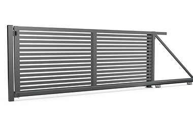Freitragendes Aluminium-Schiebetor HORIZON in Anthrazit mit horizontalen Lamellen