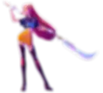 Mira con espada falda corta naranja cabello largo