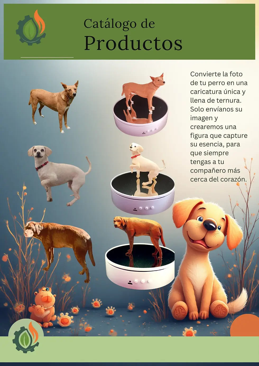 Catálogo de Productos con Figuras de mascotas, figura 3D mascota de perros.