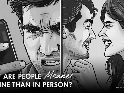 Split image: Left shows an angry man on phone; right shows a smiling couple talking. Text: "Why are people meaner online than in person?"