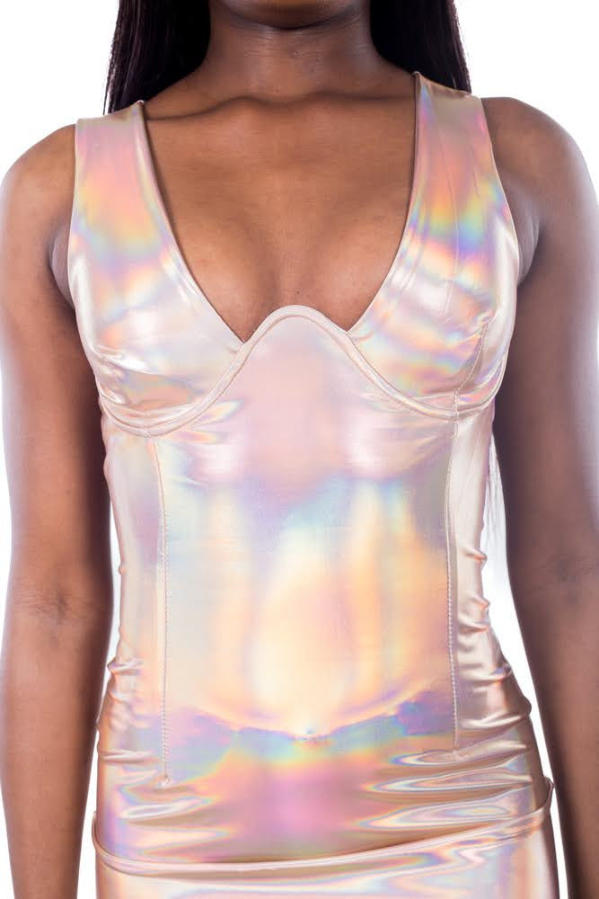 Thumbnail: Iridescent vinyl underwired bodycon dress peach