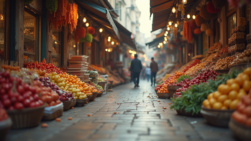 Eye-level view of a vibrant marketplace filled with diverse products