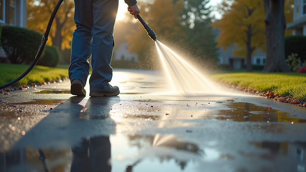 Eye-level view of professional pressure washing equipment cleaning a driveway