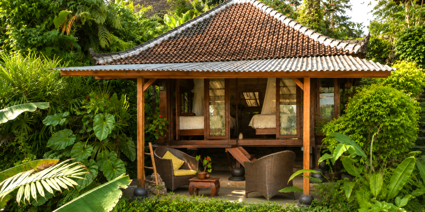 A bungalow with a clay tiled hip roof and an open verandah with cane chairs, set into a garden of heliconia and ferns.