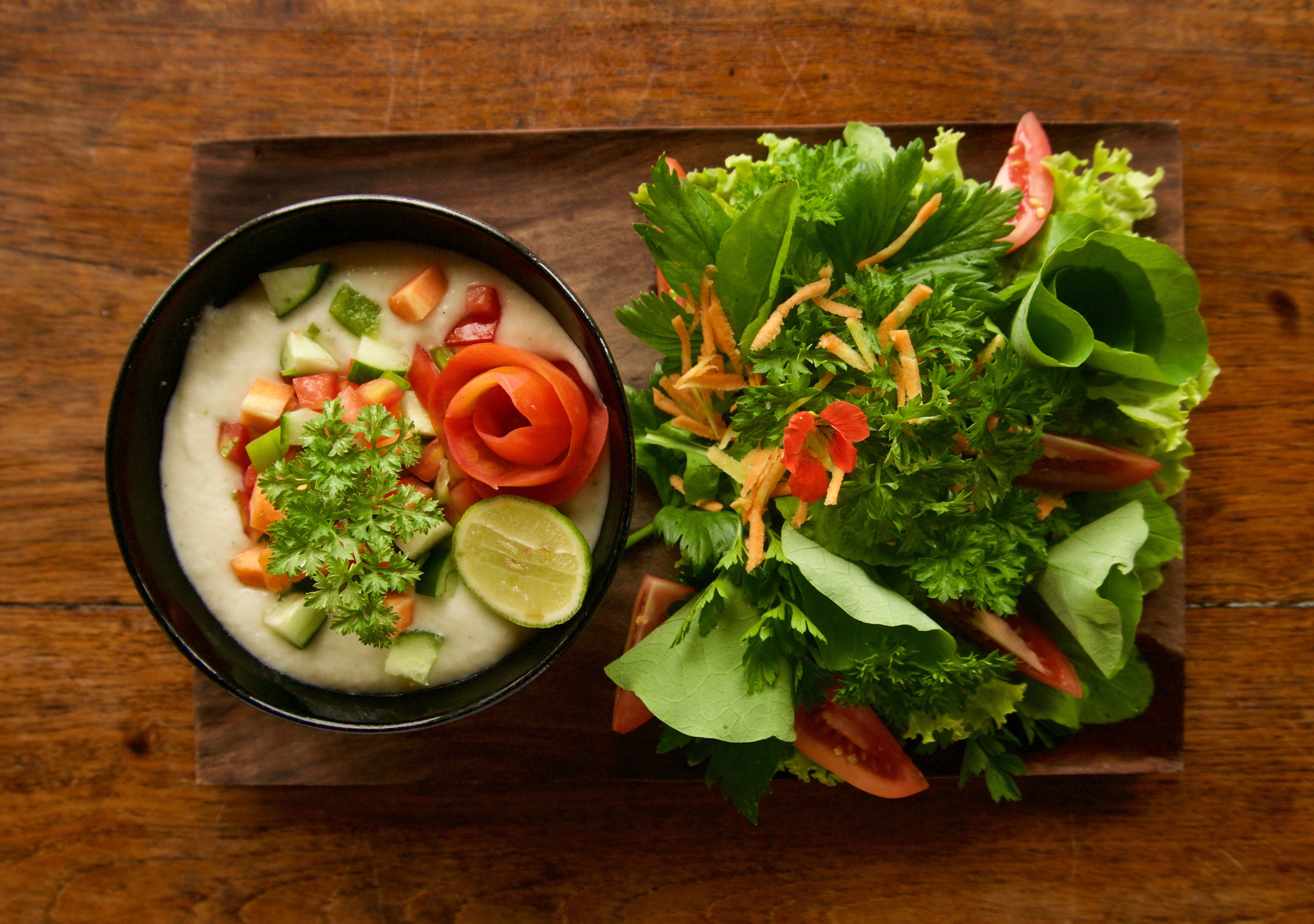 Raw Coconut Soup & Organic Garden Salad
