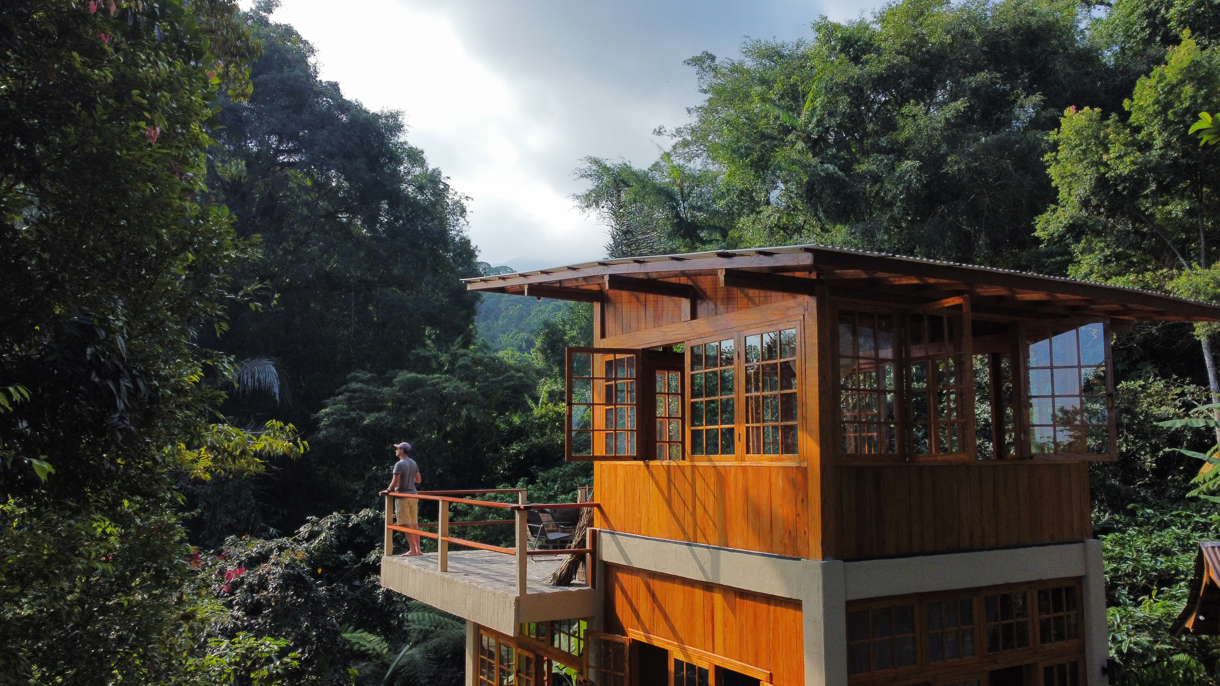 The Tree House, a two storey timber building with a wraparound balcony and rows of windows, standing among tall trees above the valley.