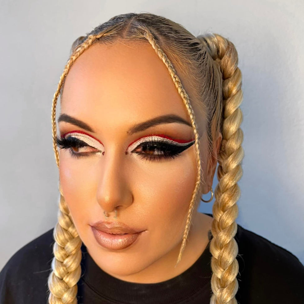 Woman with blonde braids, dramatic eye makeup, Mugshot Makeup Artis