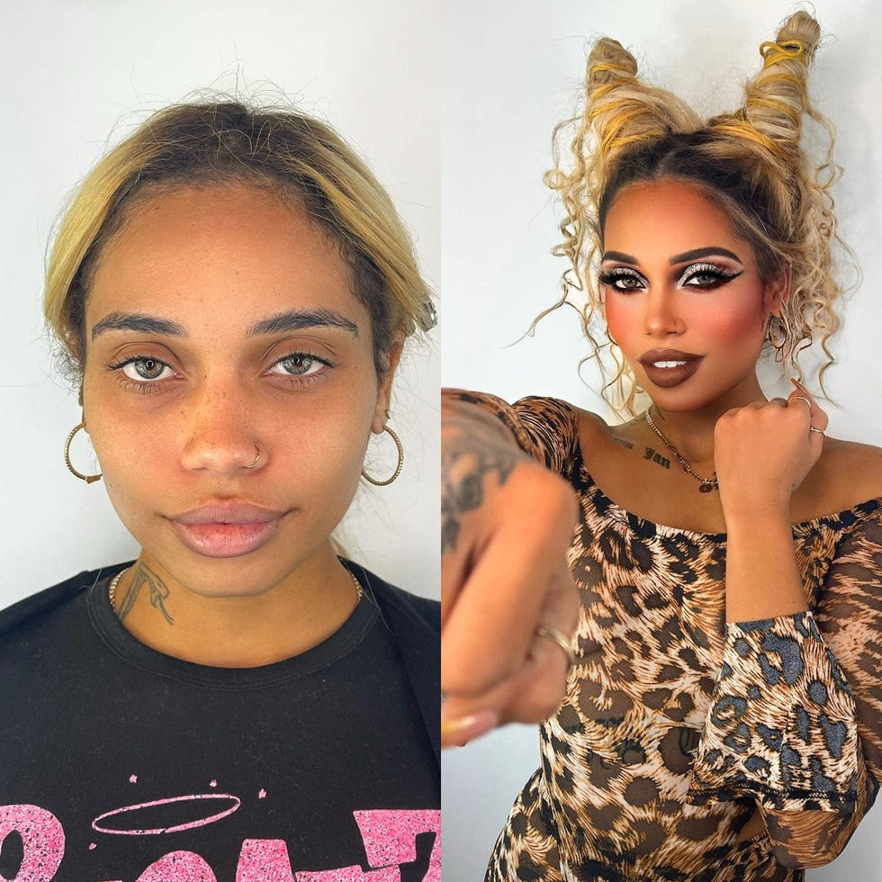 Before and after makeup transformation. Wearing leopard print. Mugshot Makeup Artist.