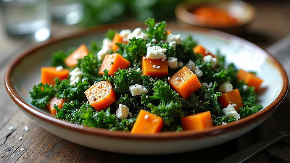Eye-level view of a colorful kale salad with roasted sweet potatoes and feta cheese
