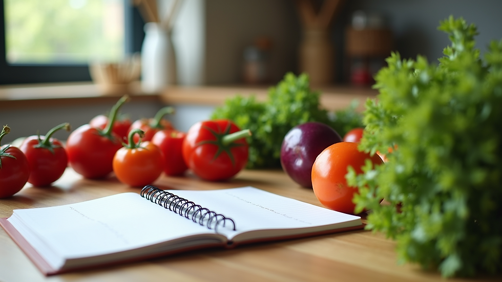 Eye-level view of a kitchen counter with a meal planning notebook and fresh vegetables